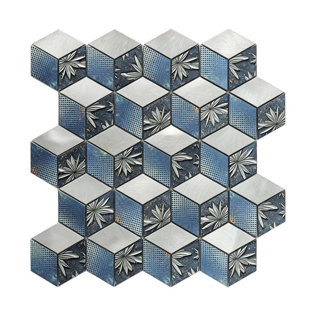 Mosaikfliesen aus Aluminium – Blau / Silberfarben, Sechsecke