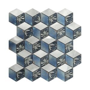 Blue and silver hexagon aluminum mosaic tile with decorative floral details