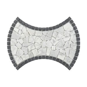 Bow tie shaped white marble pebble mosaic tile with a dark charcoal border