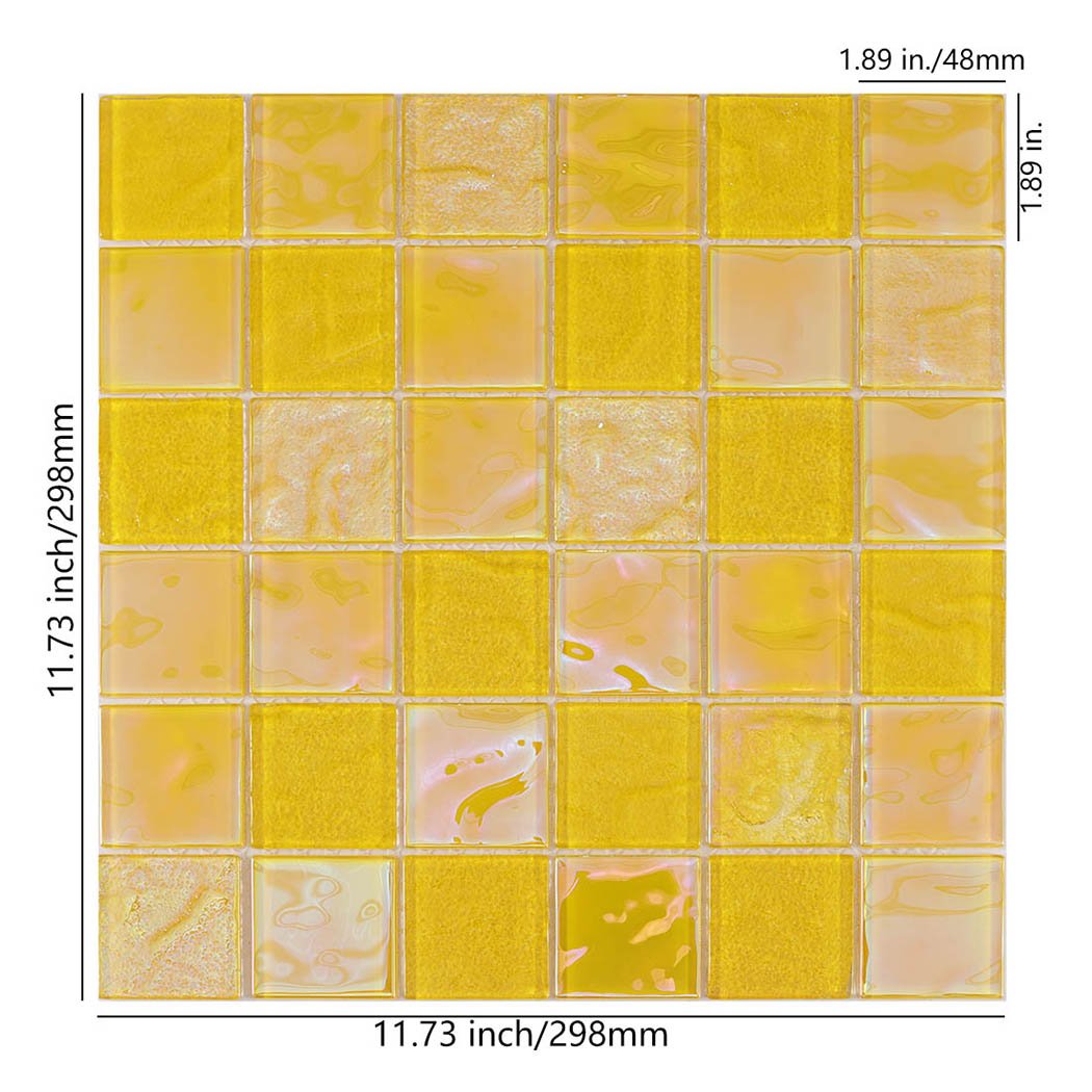 Bright yellow iridescent square glass mosaic sheet with 48 mm chips and 298 mm size