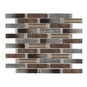 Bronze brown and gray glass linear mosaic tile sheet in staggered strip pattern