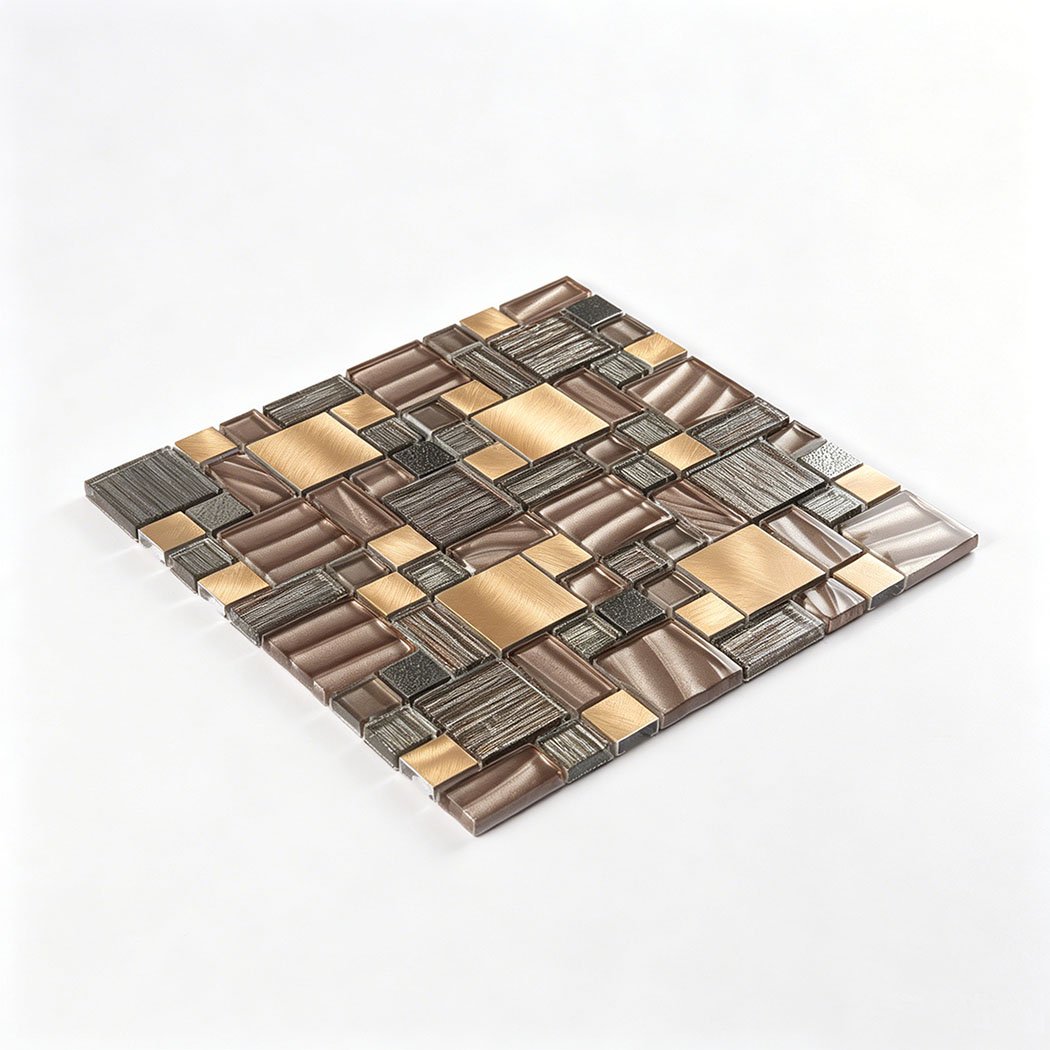 Perspective view of bronze glass and brushed gold aluminum mixed mosaic sheet