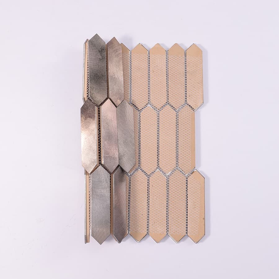 Backside view of brown grey picket aluminum mosaic metal tile sheet