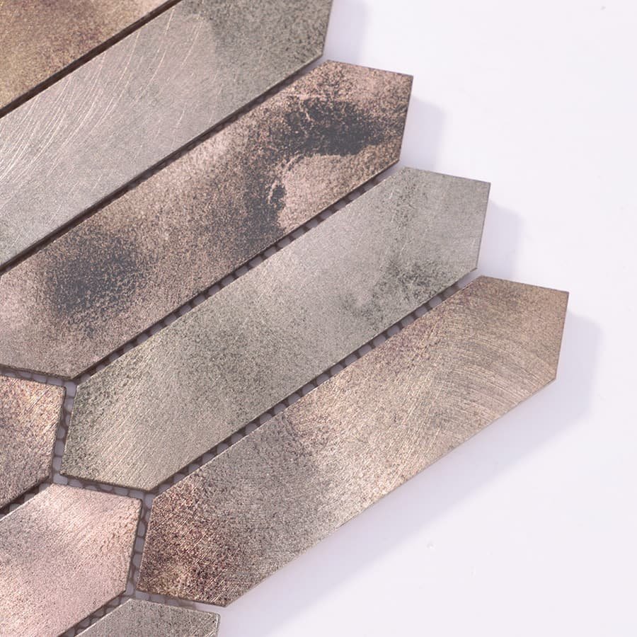 Close-up of brown grey picket aluminum mosaic metal tile corner details