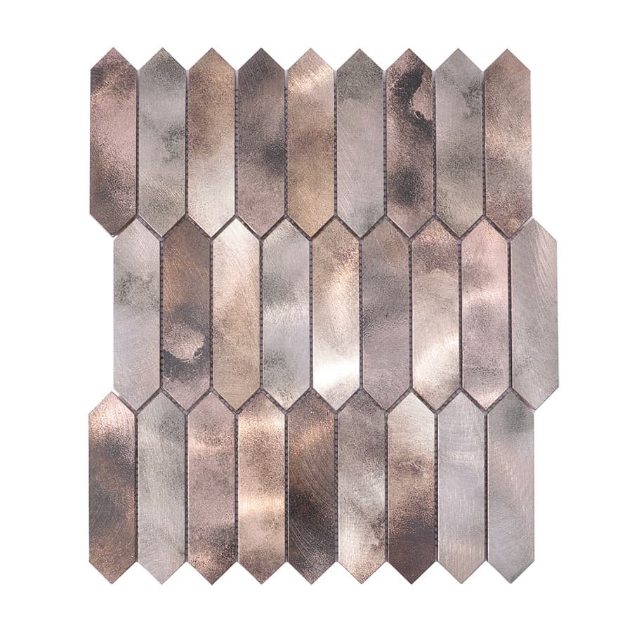 Front view of brown grey picket aluminum mosaic metal tile sheet