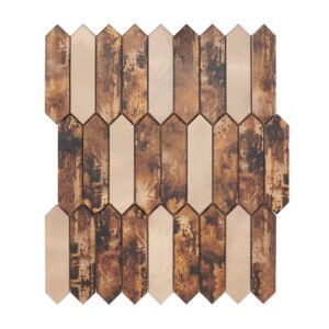 Brown vintage aluminum mosaic tile in a staggered picket pattern