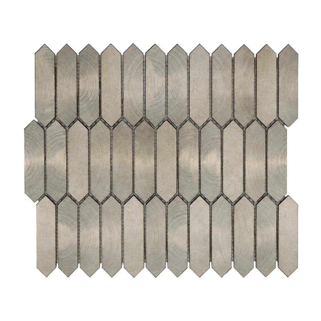 Overhead flat view of brushed nickel elongated picket mosaic