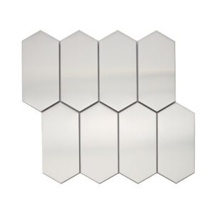 Front view of brushed silver elongated hexagon metal mosaic tile.