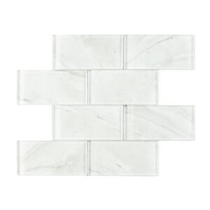 Front view of a full interlocking sheet of carrara white marble style glass tiles.