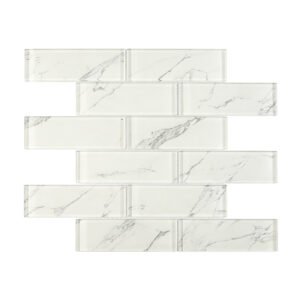 Clean white glass subway mosaic with thin gray marble veins