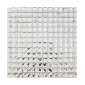 Full sheet of clear mirror square faceted glass mosaic tile on a white background