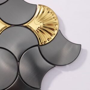 Mosaikfliesen aus Edelstahl – Schwarz / Goldfarben, Fächerform, für Wände