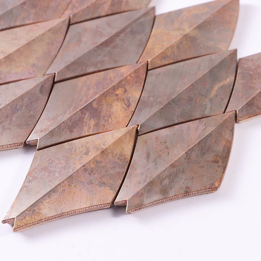 Side angle view of copper diamond mosaic showing tile thickness and finish.