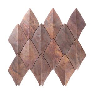 Front view of copper diamond-shaped mosaic wall tile with metallic texture.
