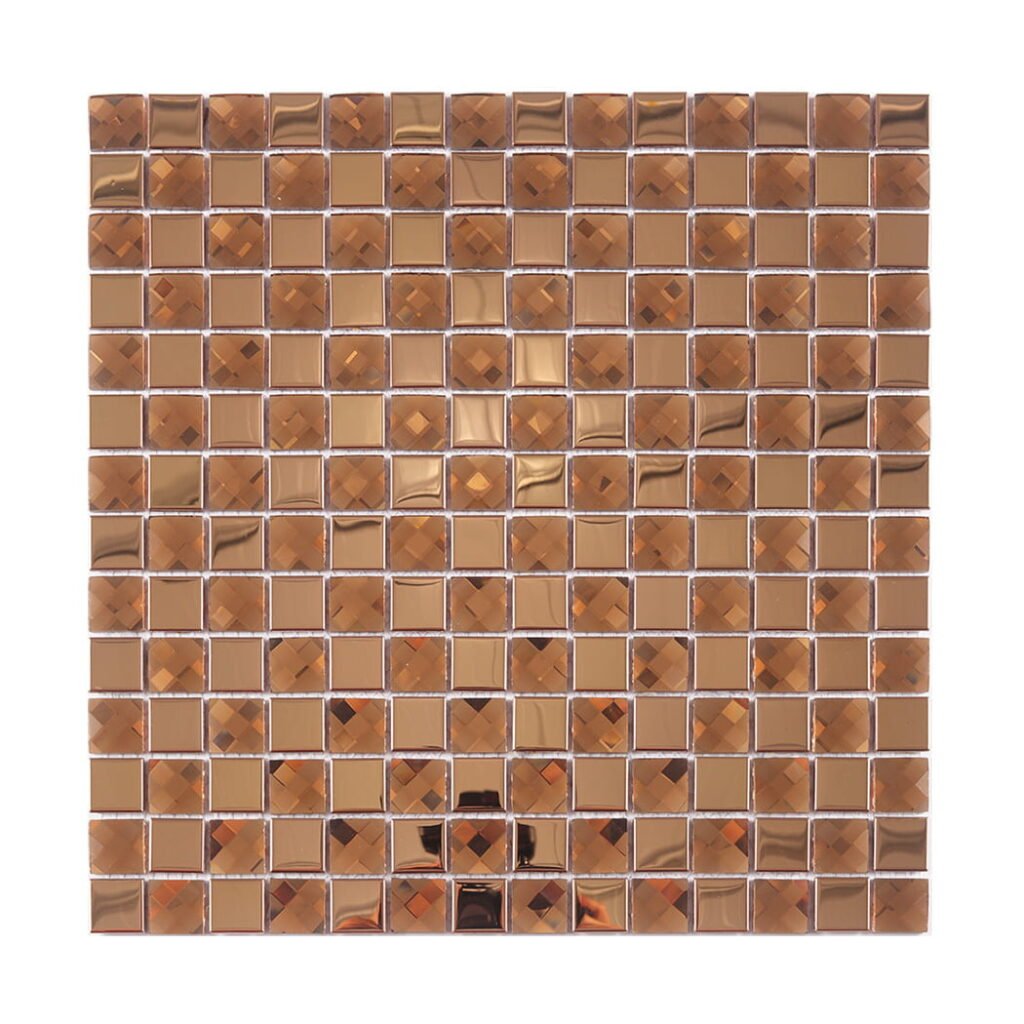 Mosaikfliesen aus Glas und Metall – Kupferfarben, Quadrate, facettiert
