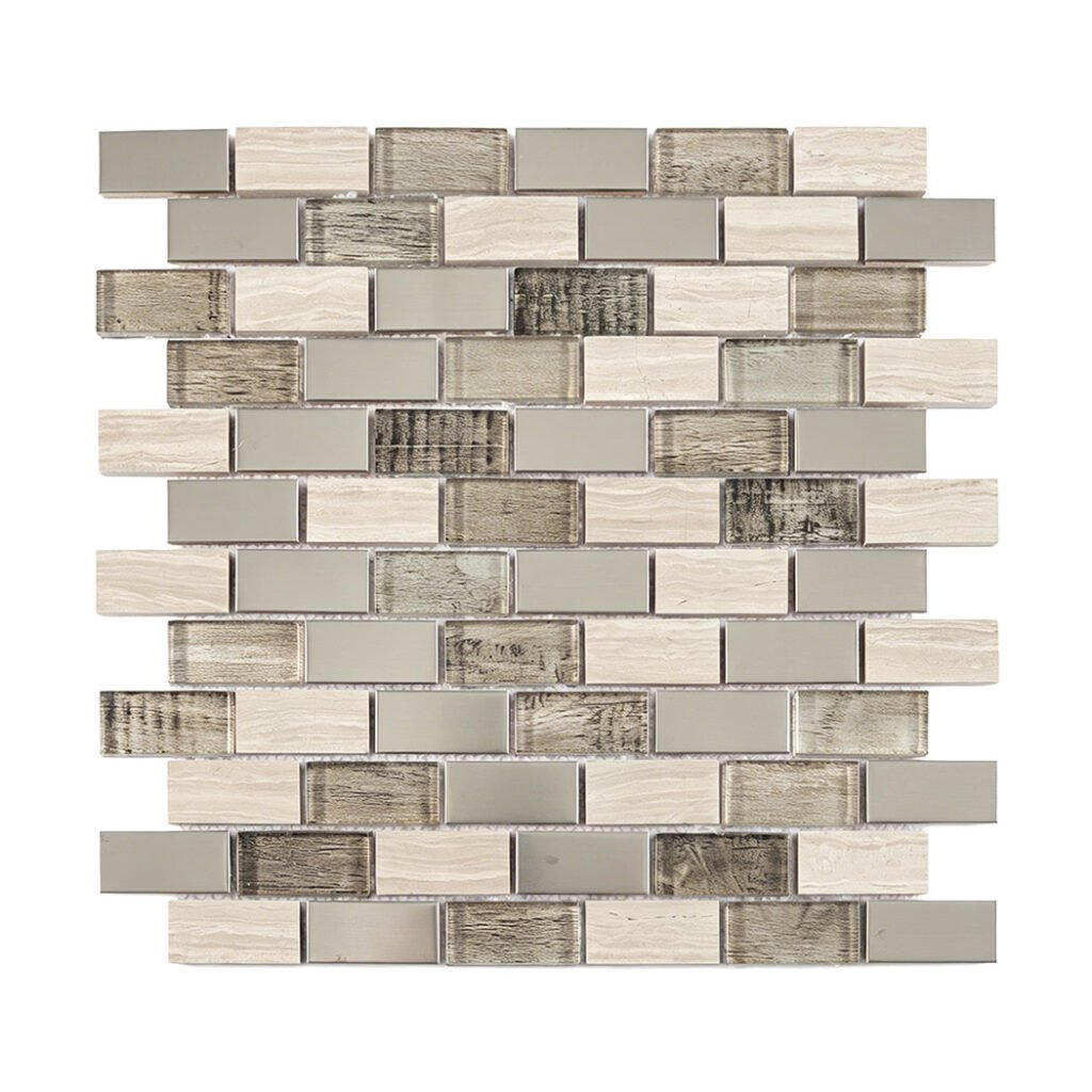 Mosaïque en verre et métal – gris / crème, format métro, pour mur