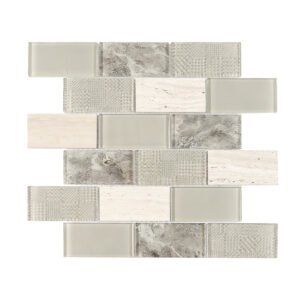 Cream stone and gray glass subway mosaic sheet with textured gray glass chips