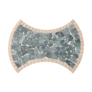 Full sheet view of curved green marble pebble mosaic tile with beige edge trim