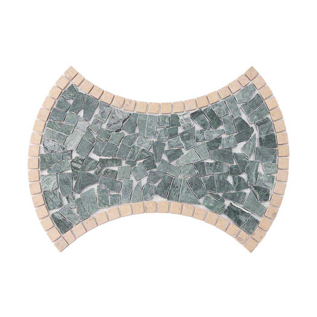 Full sheet view of curved green marble pebble mosaic tile with beige edge trim