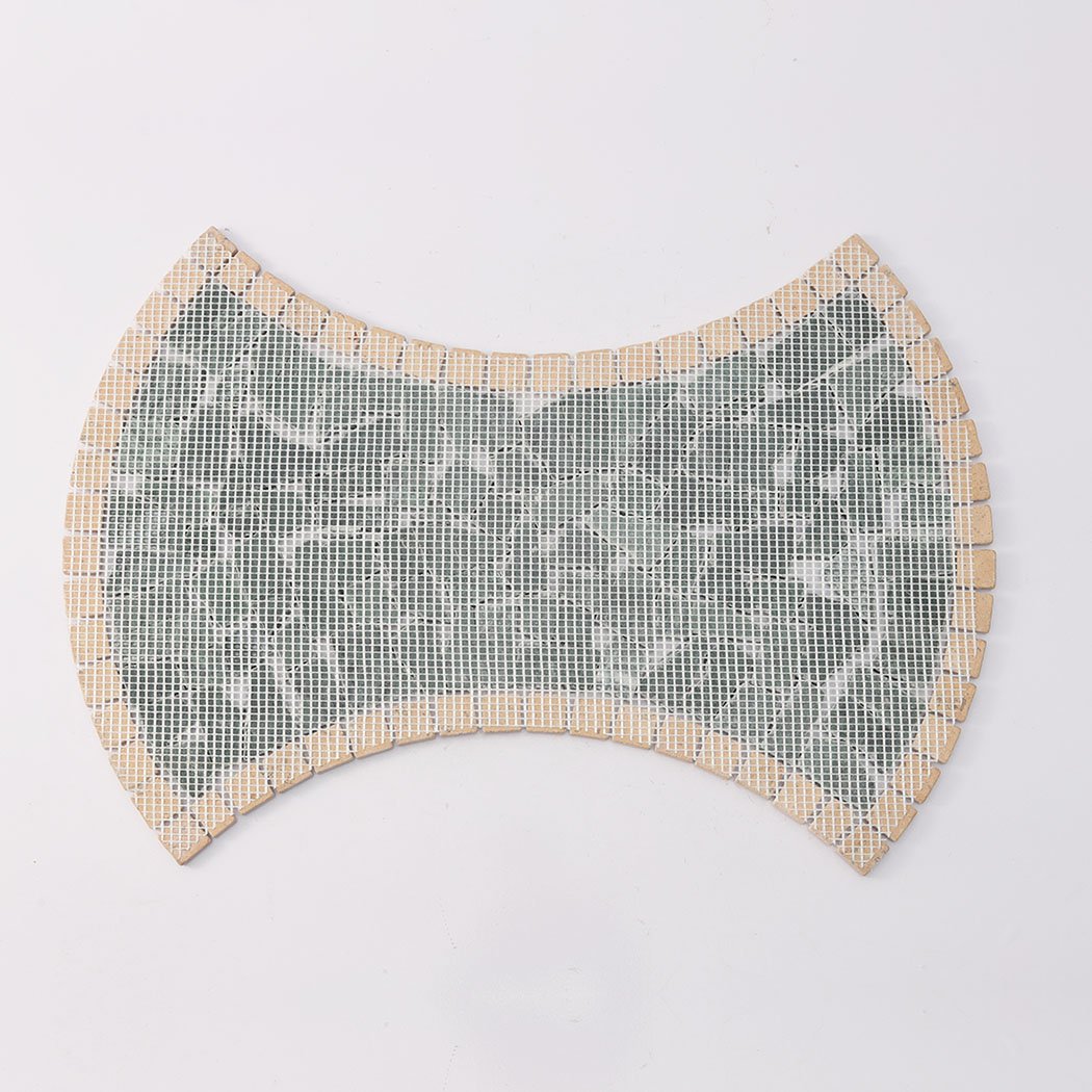 Back view of curved green marble pebble mosaic tile with beige border and mesh backing