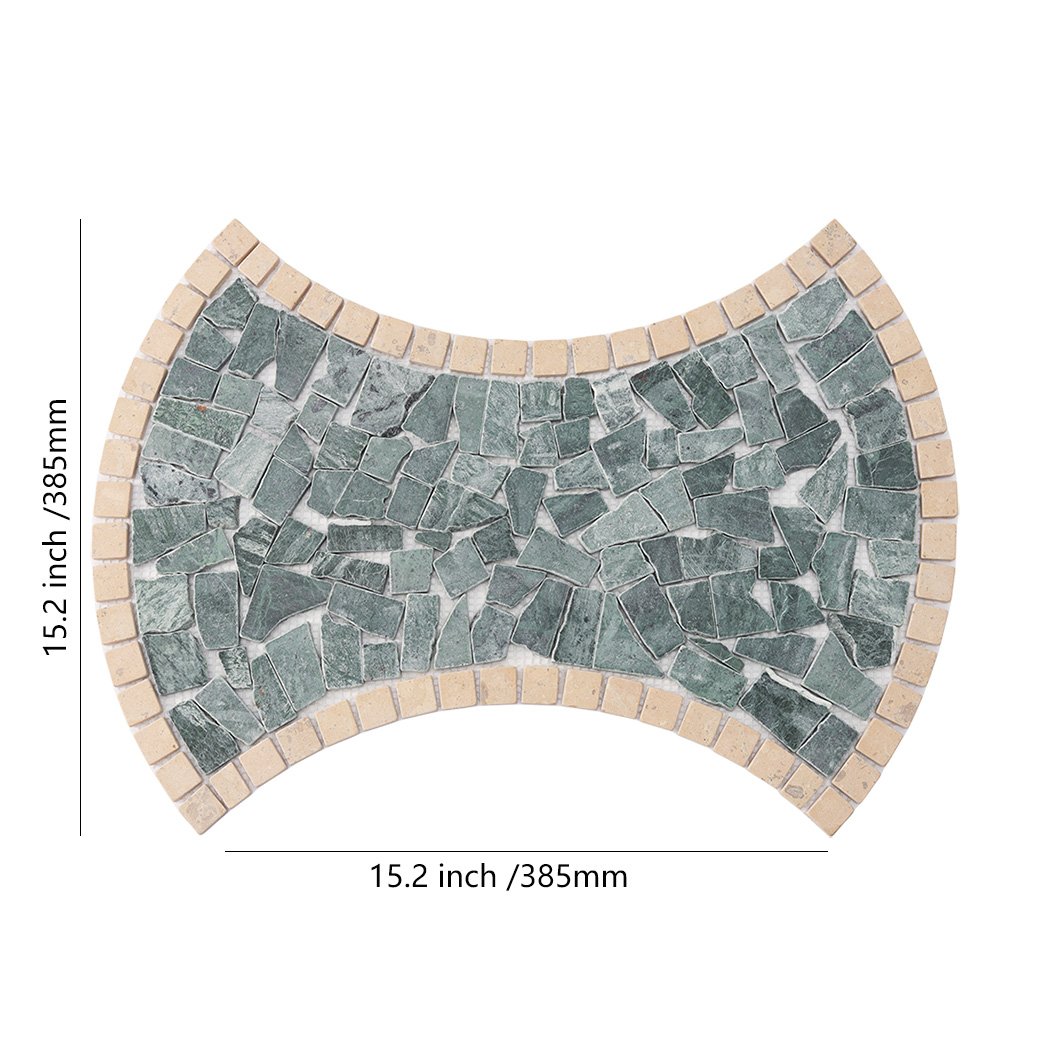 Curved green marble pebble mosaic tile sheet with beige border and size details
