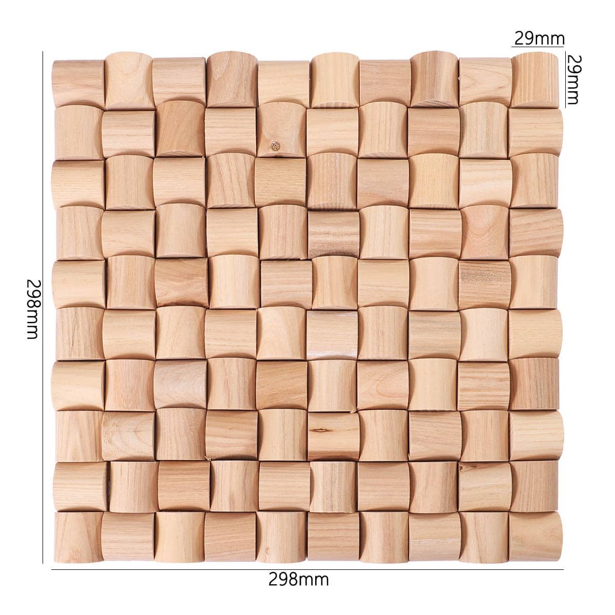 Curved wood mosaic tile sheet with size label