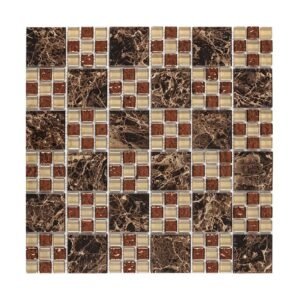 Dark brown veined glass and amber cream glass mosaic tile sheet front view