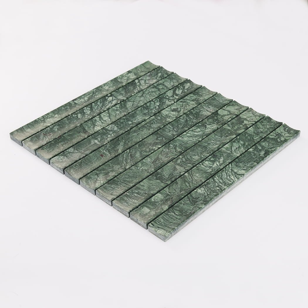 Perspective shot of dark green fluted marble mosaic tile on a white background.