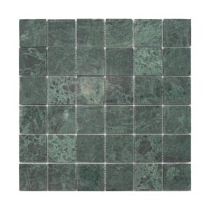 Full sheet of dark green large square marble mosaic tile with natural veining