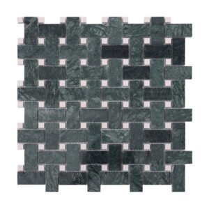 Full sheet of dark green marble basketweave mosaic tile with white squares.