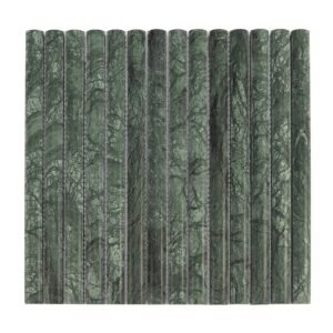 Top-down view of a full sheet of dark green marble kit kat mosaic tile showing natural veins.