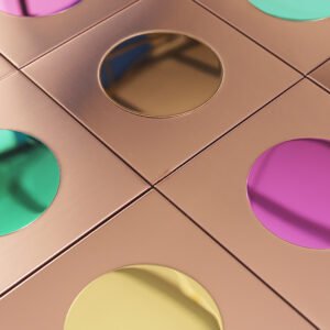 Dekorativ väggmosaik i roséguldfärgat rostfritt stål och runt glas