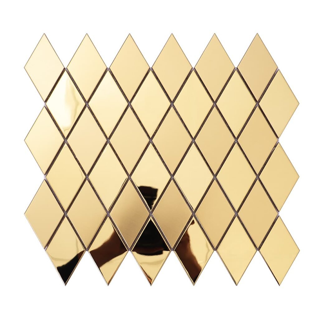 Mosaikfliesen aus Edelstahl – Goldfarben, Rauten, gebürstet, Spiegeloptik