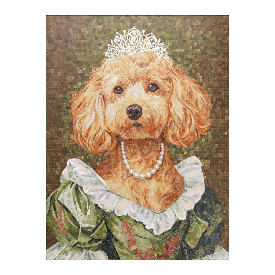 Retrato em mosaico de um poodle majestoso com colar de pérolas e coroa