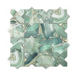 Flat overhead layout of emerald gold onyx star cross mosaic tile