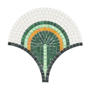 Fan-shaped glass mosaic tile with green, orange, and white patterns.