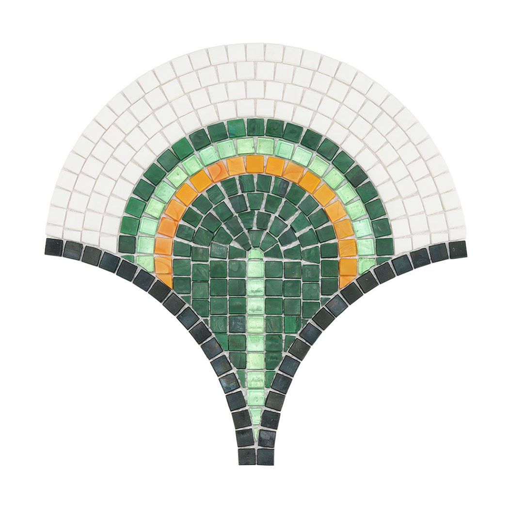 Fan-shaped glass mosaic tile with green, orange, and white patterns.