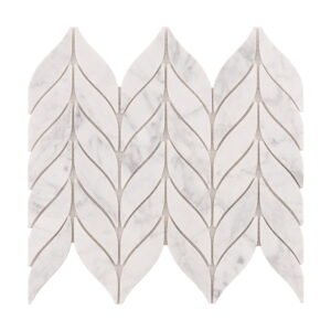 Single sheet of Feather Carrara White Marble Mosaic Tiles in leaf pattern