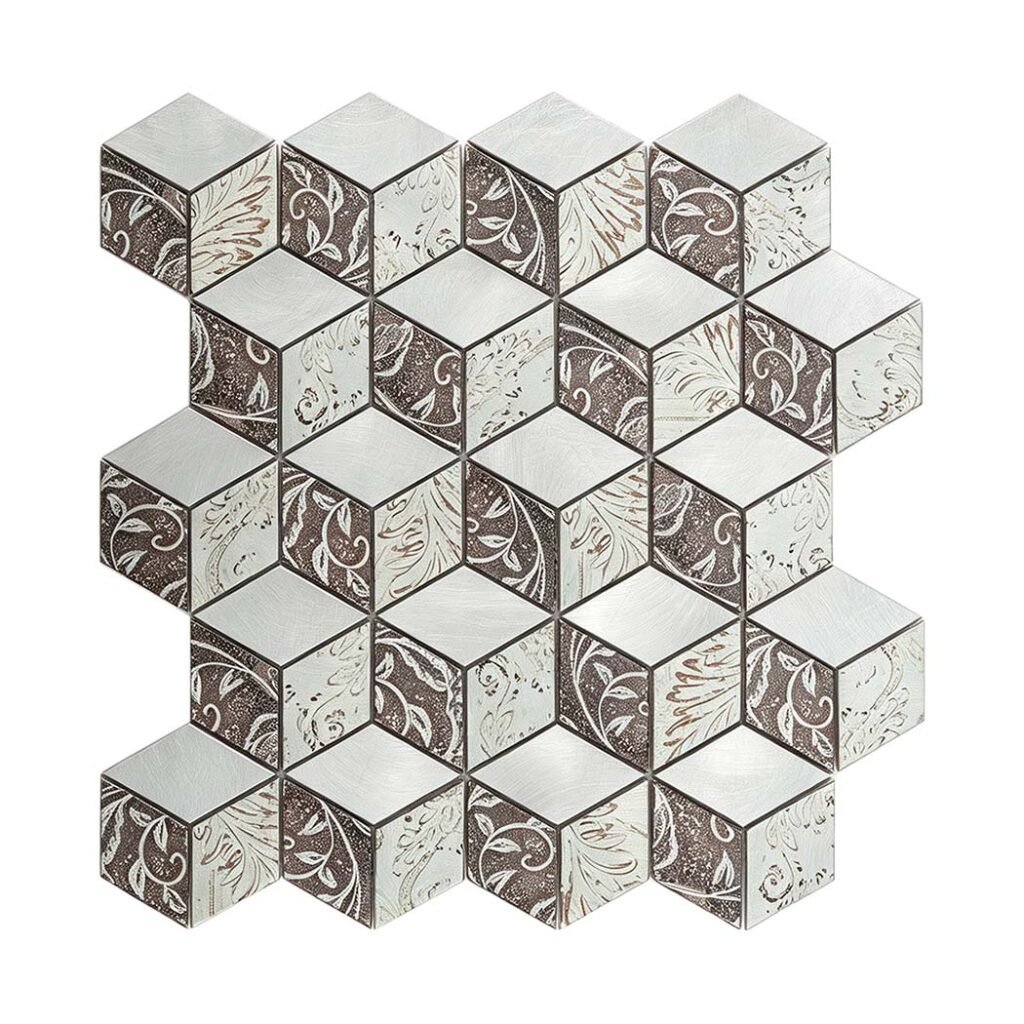 Mosaikfliesen aus Aluminium – Würfelmuster, 3D-Struktur, für Fliesenspiegel