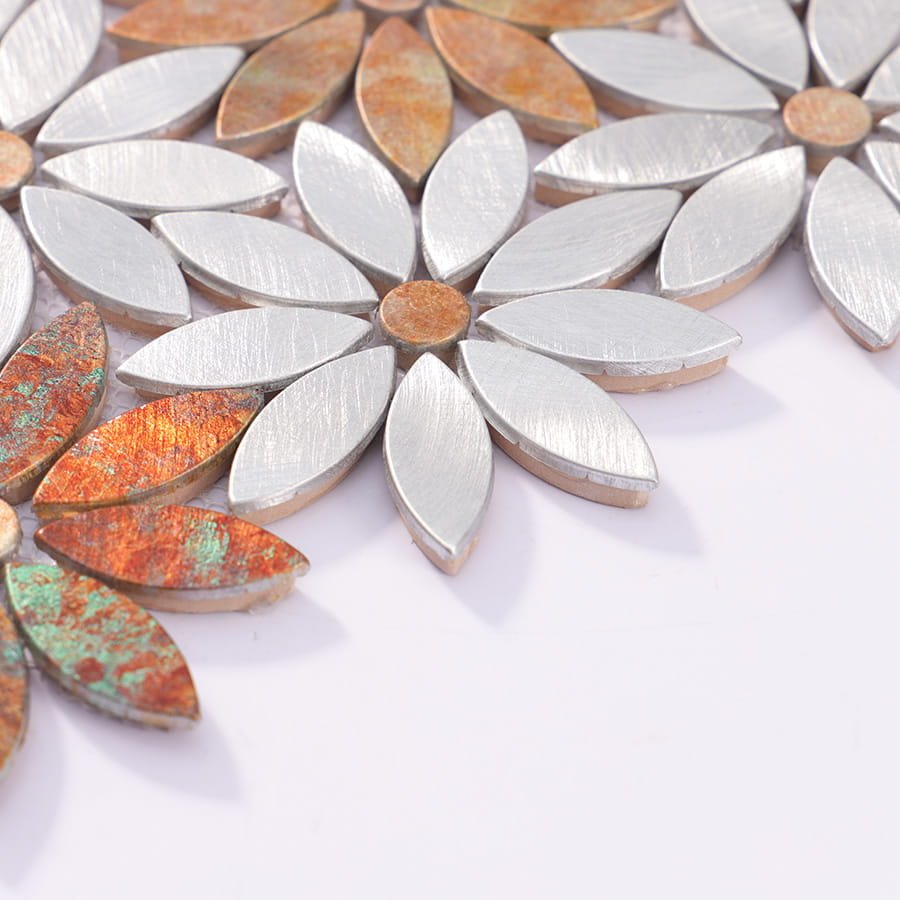 Close-up of flower shaped aluminum mosaic tile edge details