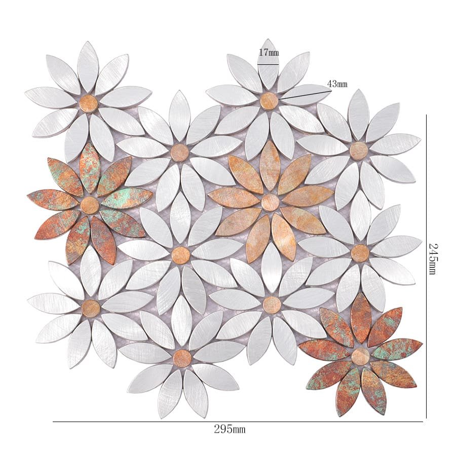 Flower shaped aluminum mosaic tile sheet with size measurements