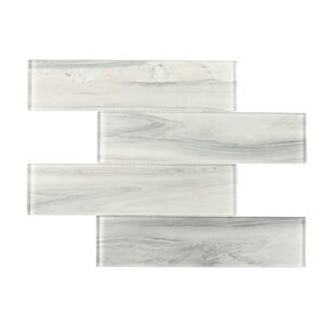 Front view of a full interlocking sheet of flowing marble pattern grey glass tiles.