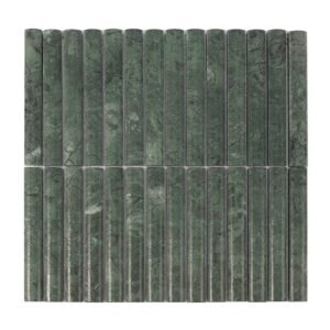 Flat top-down view of an emerald green marble kit kat mosaic tile sheet.