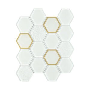 White hexagon glass mosaic sheet with textured pieces and gold glass framed accents