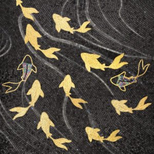 Full black and gold koi fish mosaic mural with flowing water pattern