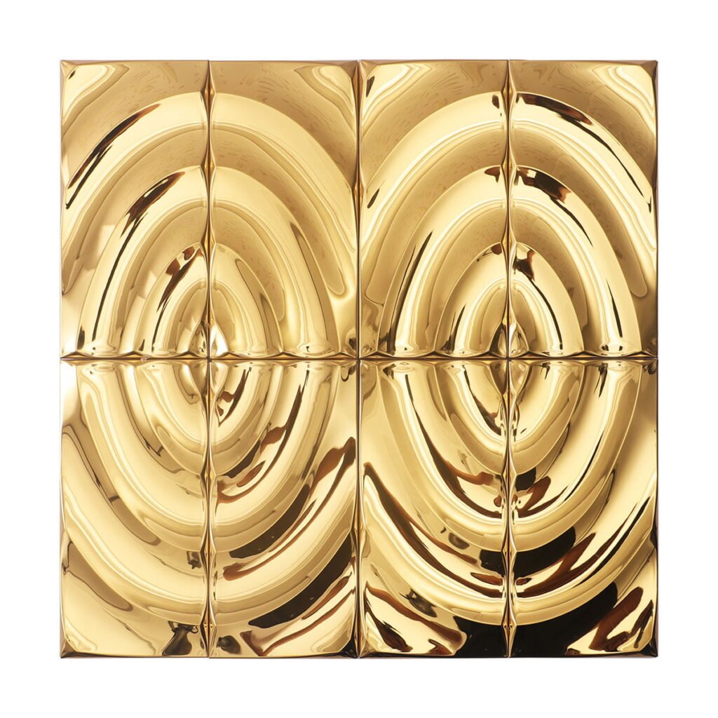 Azulejos de mosaico 3D em aço inoxidável com formato ondulado dourado