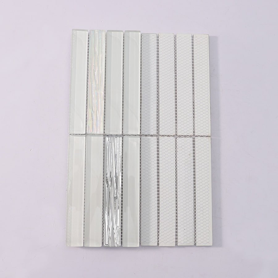 Back view of glass mosaic tile sheet with mesh backing