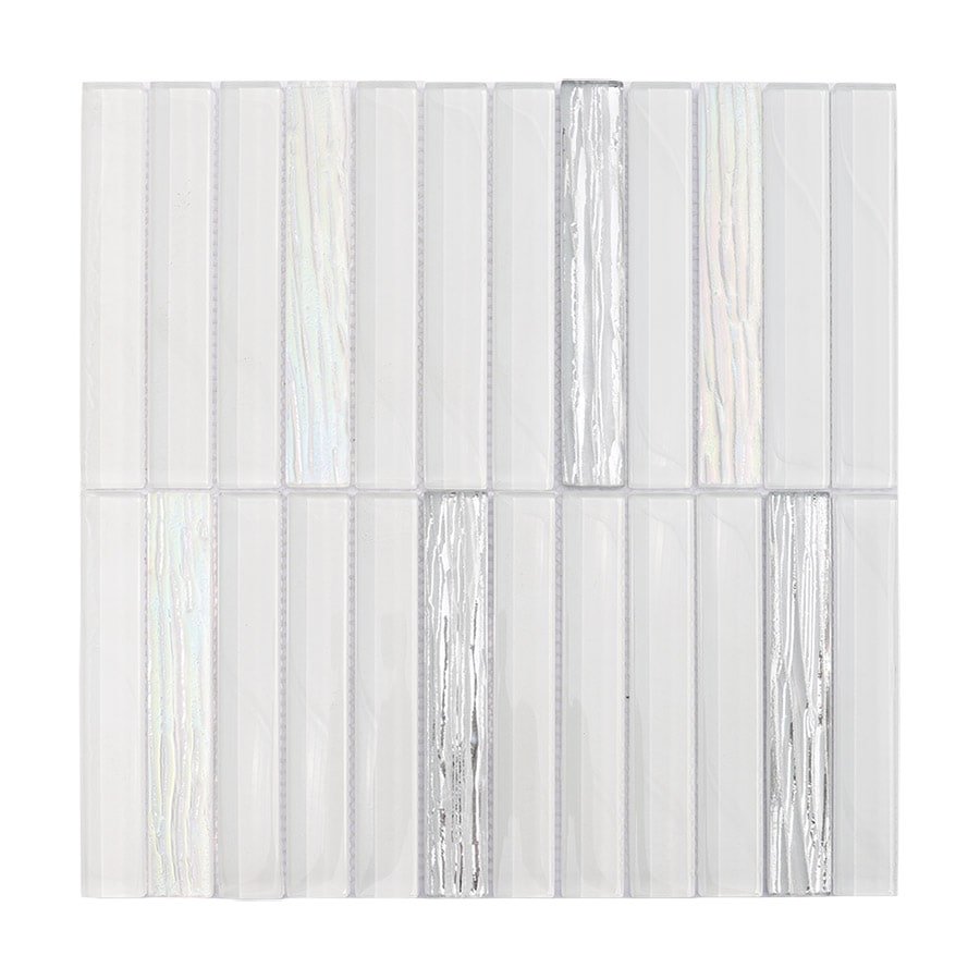 Full view of white and silver glass mosaic tile sheet
