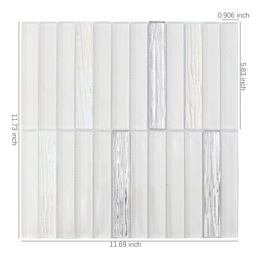 White and silver glass mosaic tile with measurement dimensions