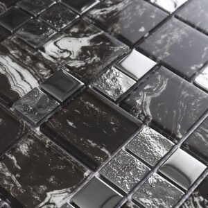Piastrelle a mosaico in vetro – nero / argentato, quadrato, per paraschizzi